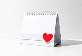 A mockup calendar with a spiral binding and a red heart design on the front. The calendar is placed on a white surface against a light background.