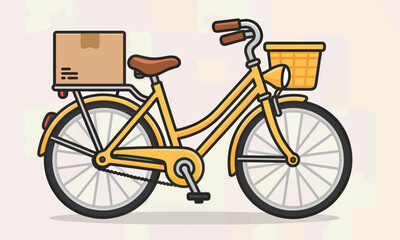 Fototapeta premium Yellow bicycle with basket and box flat vector illustration isolated