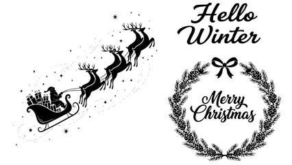 Christmas Silhouette Vector of Santa’s Sleigh with Flying Reindeer, Winter Snow Scene, Hello Winter Lettering, Merry Christmas Wreath Design, Festive Holiday Illustration for  Seasonal Print Projects.