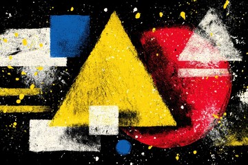 Abstract geometric artwork featuring bold shapes and vibrant colors on black background