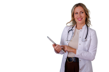 Female doctor smiling, holding digital tablet, providing medical consultation, healthcare professional presenting information
