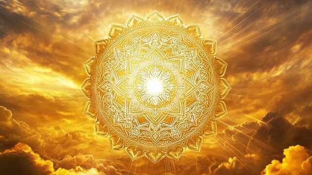 A golden mandala illuminates the sky as the sun sets, creating a captivating blend of colors and patterns