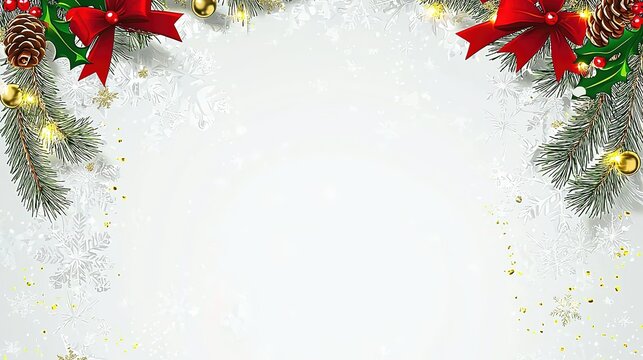 Christmas border vector with holly, ribbons, and lights on white background
