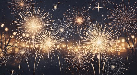 Golden fireworks illuminate the night sky with sparkling bursts and lights