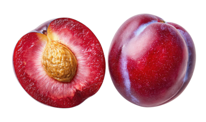 A whole plum and a halved plum showing rich color and seed