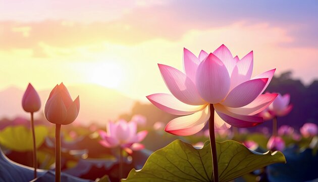 A serene scene of pink lotus flowers and buds in a pond at sunrise, with soft light filtering through the sky.