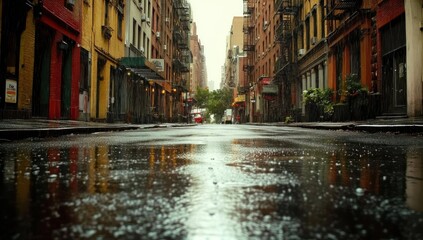 Wet urban street reflecting colorful building facades and fire escapes after heavy rain in a city neighborhood.