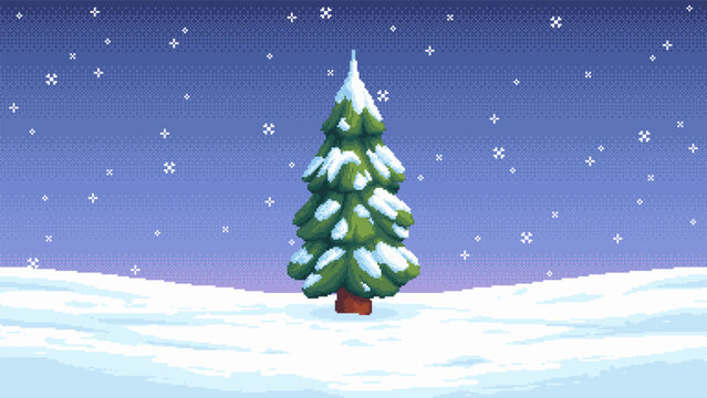 Pixel art winter tree in snowy landscape