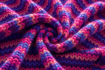 Acrylic knitted fabric in hyper real macro bold saturated colors fluffy soft loops vibrant playful mood slightly surreal lighting dreamlike textile close up