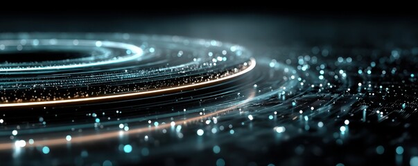 Abstract digital visualization of futuristic glowing particles and circular formations