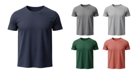 Collection of five plain t-shirts in various colors, navy, gray, green, and coral, ideal for T-Shirts mockups isolated on transparent background