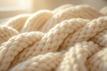 Warm wool textile close up soft fibers glowing in gentle indoor light cozy and thick texture handwoven feeling winter dream aesthetic muted natural colors
