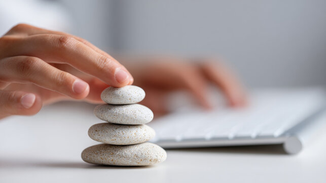Close-up of hand stacking smooth white stones on desk with blurred keyboard in background symbolizing balance and focus