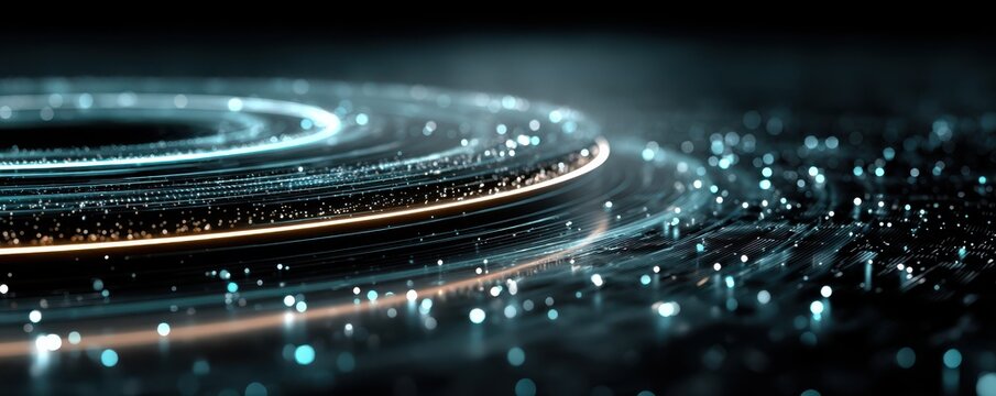 Abstract digital visualization of futuristic glowing particles and circular formations