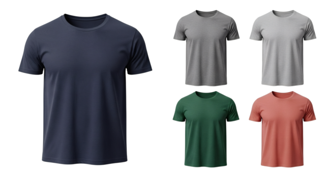 Collection of five plain t-shirts in various colors, navy, gray, green, and coral, ideal for T-Shirts mockups isolated on transparent background