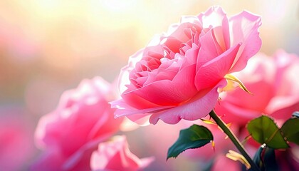 A soft focus close-up of a vibrant pink rose with dew drops, bathed in warm sunlight, with other roses out of focus in the background.