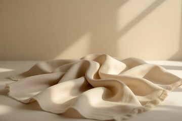 Elegant linen fabric draped loosely crisp natural texture visible flax fibers, warm earthy palette Mediterranean summer mood soft shadows organic rustic vibe dreamy minimalism