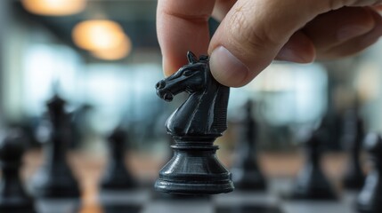 close up of a hand holding a black chess knight, office environment and chessboard blurred behind, representing strategy and leadership, sharp focus