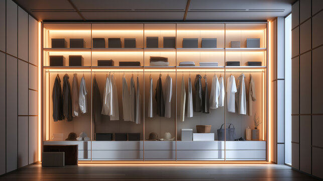 Elegant dressing room with glass showcase for jewelry, soft beige carpet, contemporary design and fashion inspired decor