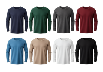 Eight diverse color long sleeve t-shirts displayed in a grid, isolated on transparent background