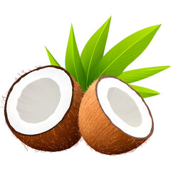 Coconut with green leaves isolated on transparent background. Perfect for tropical, organic, and summer design projects.