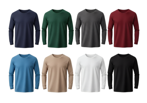 Eight diverse color long sleeve t-shirts displayed in a grid, isolated on transparent background