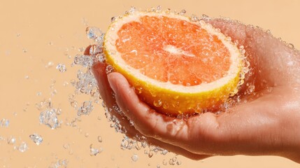 close up of a hand holding a juicy vibrant fruit slice orange or grapefruit against pastel background, droplets and texture hyper realistic
