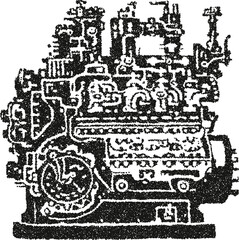 Obraz premium Detailed industrial engine motor illustration with a gritty, retro feel. Mechanical machinery drawing rendered in a vintage stipple vector style, isolated on white. 
