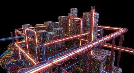 Abstract digital infrastructure illustration with illuminated network cables