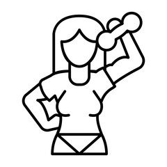 Woman lifting small dumbbell thin line icon, body building concept. Vector graphics. Girl with arm muscles, training sign on white background, style icon mobile or web design.