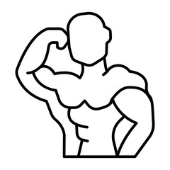 Muscular body of man thin line icon, body building concept. Vector graphics. Bodybuilder man muscles sign on white background, style icon mobile or web design.