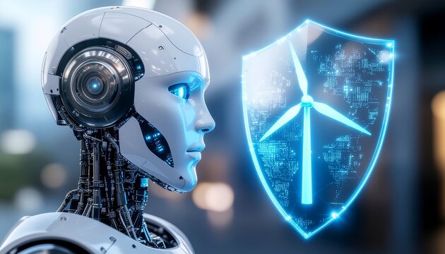 Cybernetic Sentinel of Clean Energy: A futuristic robotic figure gazes with unwavering focus, while a digital shield depicts a wind turbine.