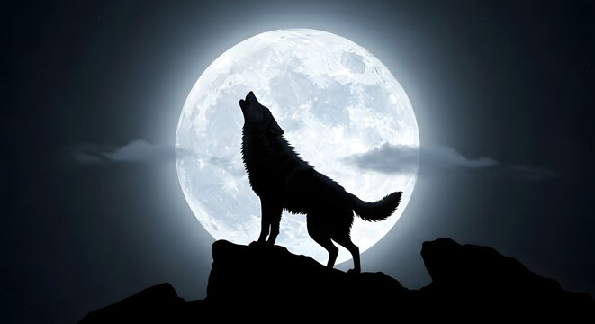 A silhouette of a howling wolf standing on a rocky outcrop against a full moon in a night sky with clouds and stars