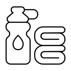 Water bottle and clean towel thin line icon, athlete diet food concept. Vector graphics. Bottle and fresh towels pair sign on white background, style icon mobile or web design.