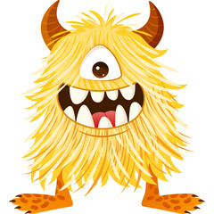 Whimsical yellow fluffy monster with one eye horns and large grin stands on orange feet against a clean white backdrop symbolizing playful character design and fantasy art