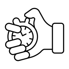 Stopwatch timer in coach hand thin line icon, sport training concept. Vector graphics. Hand with trainer stopwatch sign on white background, style icon mobile or web design.
