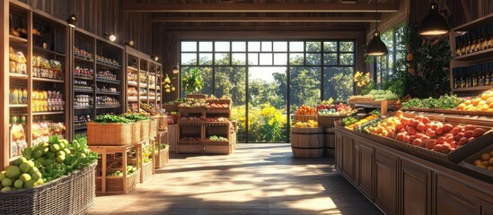Rustic grocery store interior with abundant fresh fruits and vegetables displayed in wooden baskets and shelves, illuminated by natural sunlight.