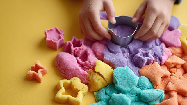Child hands shape colorful playdough with a metal cutter on a bright yellow surface. Playful childhood activity, education, and creative development concept.