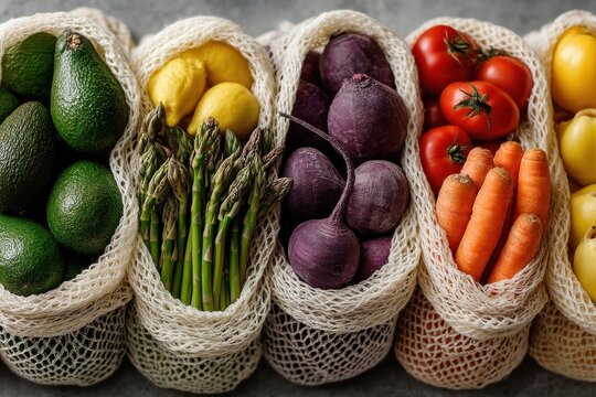 Fresh vegetables and fruits arranged in eco-friendly reusable mesh bags