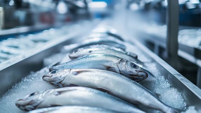 Frozen fish neatly arranged on a moving conveyor line inside a processing plant. Food industry concept