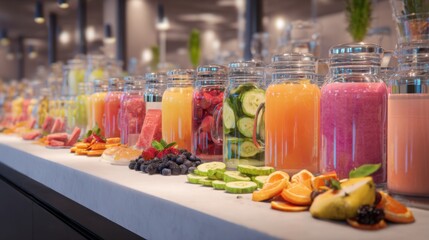 Commercial Fruit Smoothie Bar Display, colorful smoothie jars, fresh fruit slices, clean modern cafГгВ environment, bright soft lighting, ultra