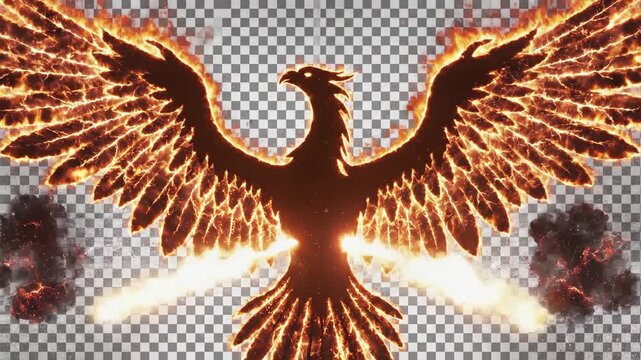 Fiery phoenix rising animation against a transparent background