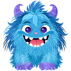 A Playful Blue Furry Monster Character With Purple Horns And Feet And Big White Teeth And Eyes Smiles Happily Against A Transparent Background Ideal For Childrens Content