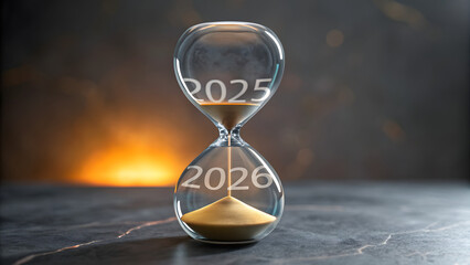 Glass hourglass showing transition from 2025 to 2026 with sand falling in dramatic light
