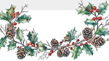 Holly and mistletoe watercolor winter wreath with text space, clipart style