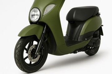 Close up green motor scooter front wheel fender and headlight cluster three quarter high angle on white background for urban transport themes