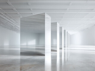 Fototapeta premium Minimalist architectural space with stark white walls and geometric glass dividers creating depth. Evokes clarity, modernity, and futuristic themes. Ideal for backgrounds.