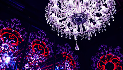 Crystal chandelier transformed into fractal patterns, surreal abstract concept, neon glow, futuristic lighting design 2