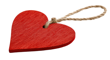 Detailed red wooden heart with twine loop isolated on transparent background