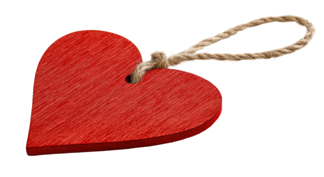 Detailed red wooden heart with twine loop isolated on transparent background